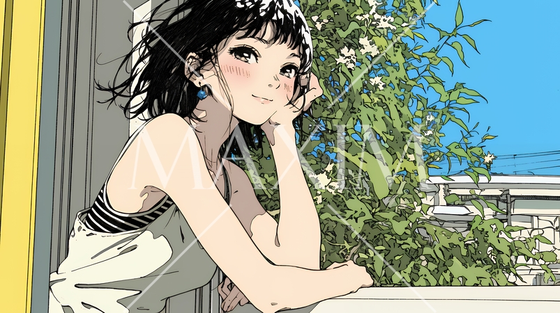 朝、カーテンを開けて天気を確認する若い女性