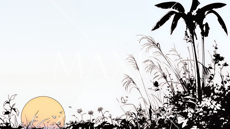 南の国の日没と熱帯植物のシルエット