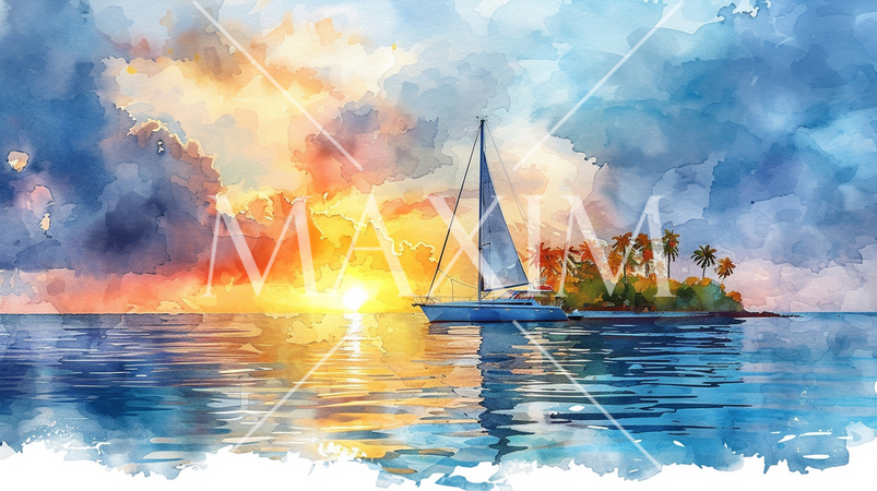 南洋の孤島とヨットと夕日：水彩画