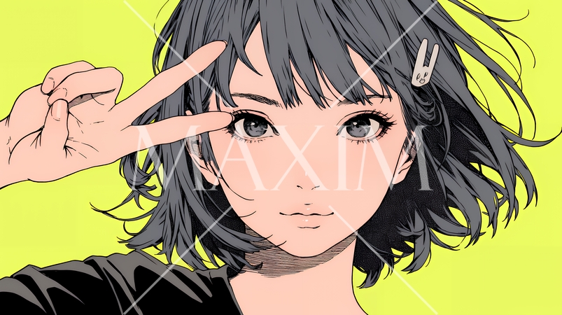 笑顔でピースサインを見せる若い女性