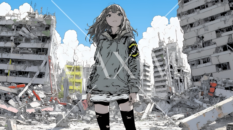 震災や空爆などで破壊された街で孤独に立ちすくむ若い女性