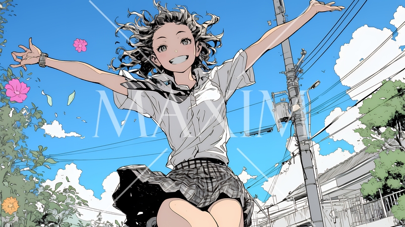 嬉しさのあまり飛び跳ねる制服姿の女子高生