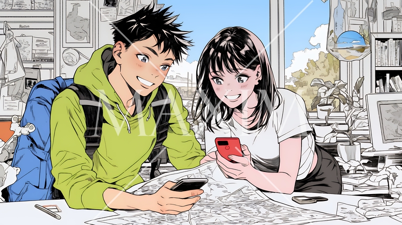 仲良く二人で旅行の計画を立てている若いカップル