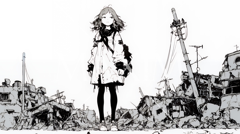震災や空爆などで破壊された街で孤独に立ちすくむ若い女性（シンプルな色合い）