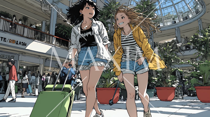 女友達と一緒にショッピングモールを歩き回る若い女性