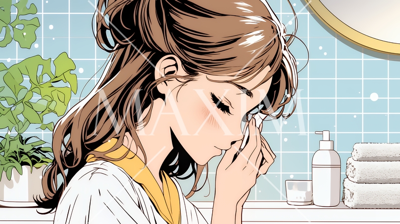 スキンケアを念入りに行う若い女性