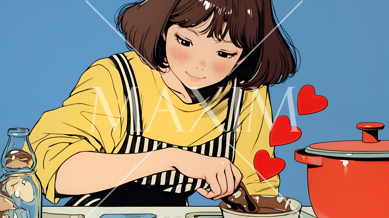 バレンタインプレゼント用のチョコレートを一生懸命作っている若い女性