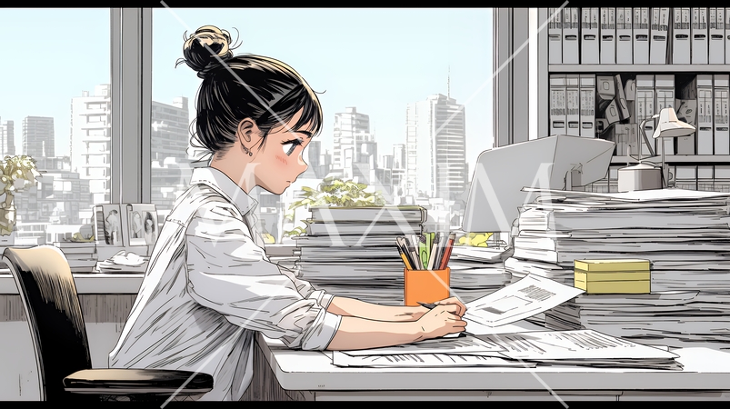 オフィスのデスクで、入念に書類をチェックする女性