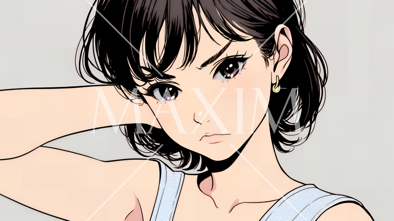 お茶目な（生意気な表情をした遊び心のある）若い女性