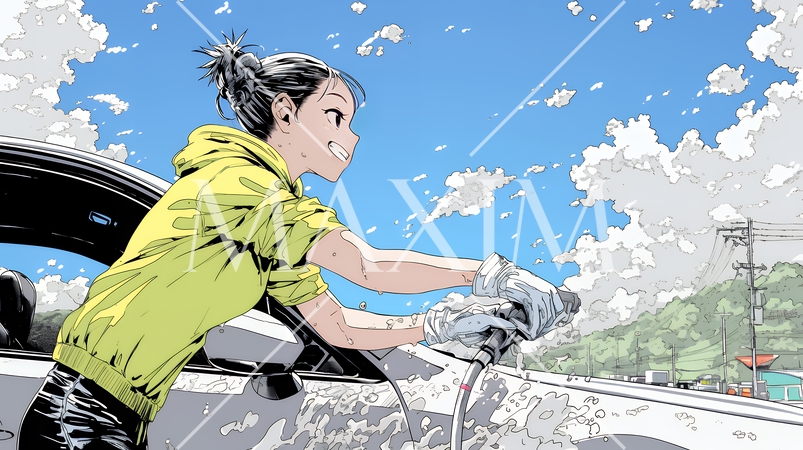 晴れた日に洗車をする若い女性｜青空と水しぶきの爽やかなライフスタイルシーン
