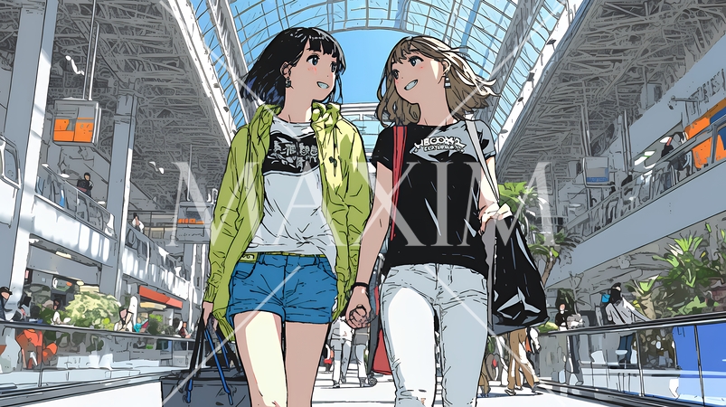 女友達と一緒にショッピングモールを歩き回る若い女性