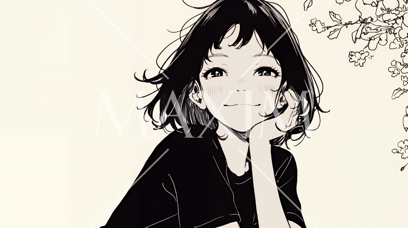 悲しげな目で微笑む（Smiling with sad eyes）若い女性（シンプルな色使い）