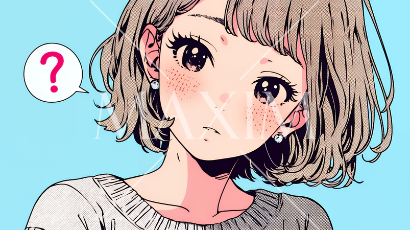 クエスチョンマークのある場面：疑問を感じて頭の中にクエスチョンマークが生まれている若い女性