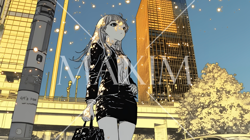 高層ビル群を見下ろすキャリア女性