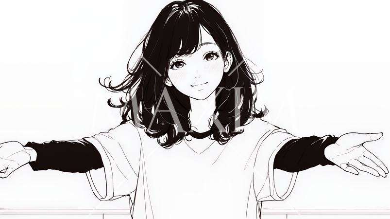 両手を広げて歓迎・驚きの仕草をしている若い女性（シンプルな色使い）