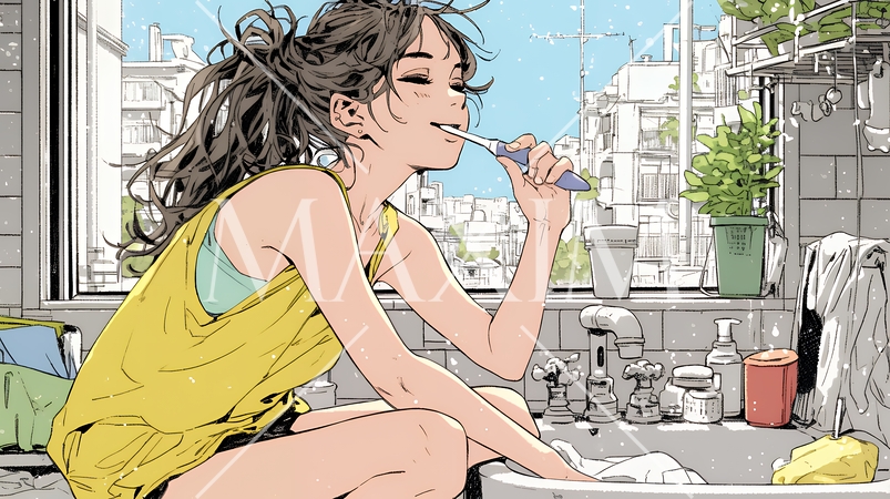 洗面所で朝の歯磨きをする若い女性