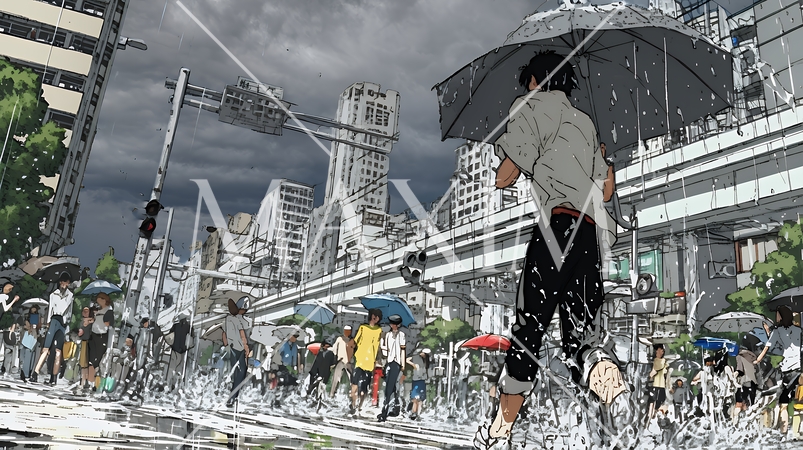 雨の中、黙々と通勤・通学をする人々