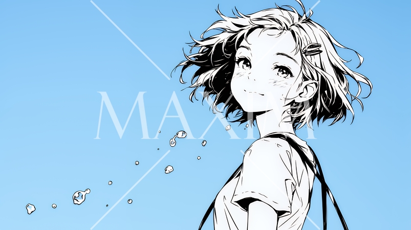 夏休みの思い出：海辺の町への一人旅（シンプルな色使い）