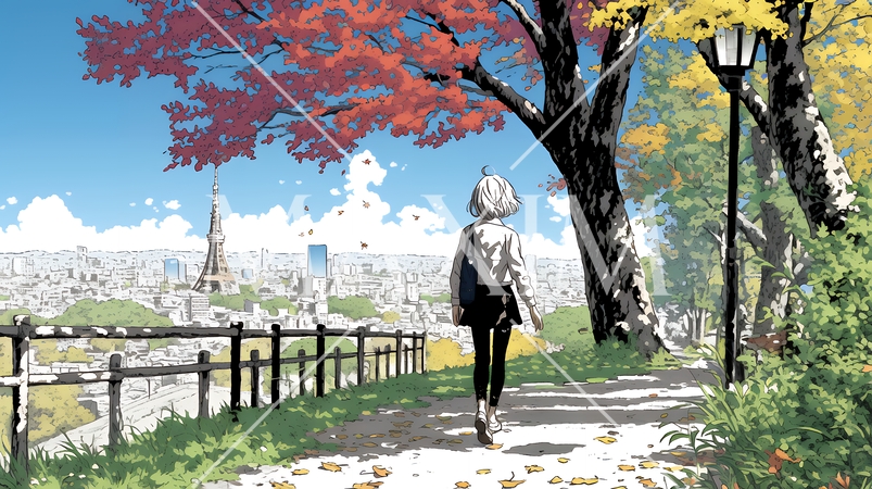 紅葉の小径を歩く若い女性