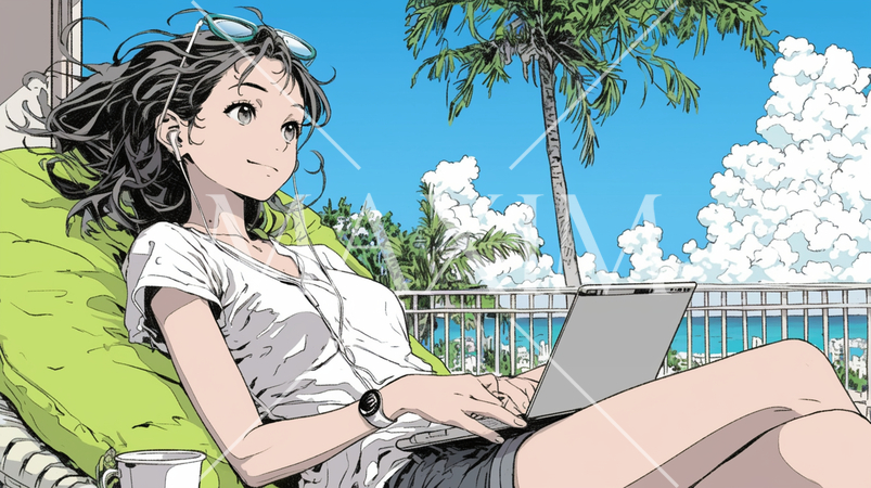 トロピカルリゾートに来ているのにPCを手放せない若い女性