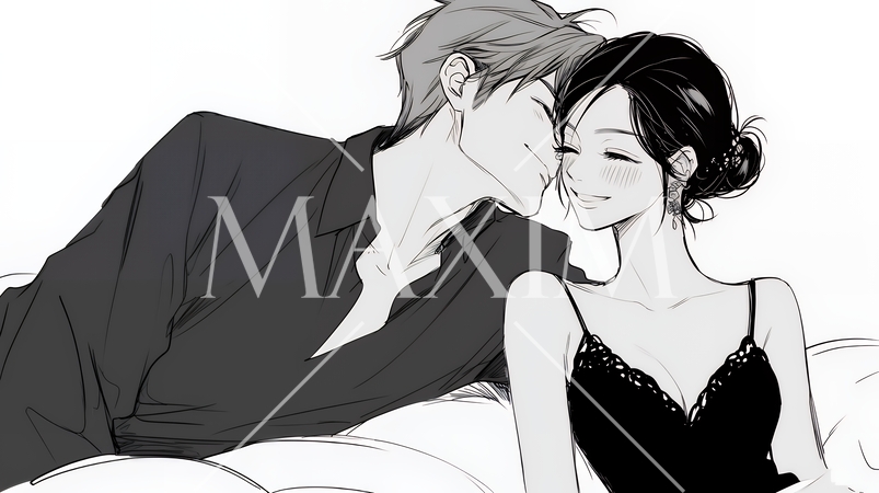 大人の時間：ソファーの上でいちゃついている若い男女（シンプルな色使い）