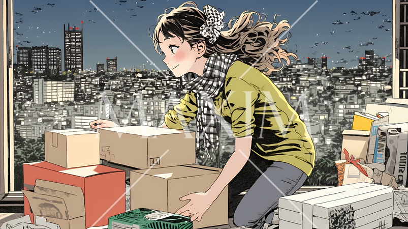 引っ越しの荷造り・荷解きをしている若い女性