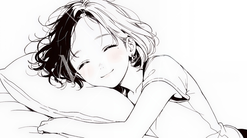 幸せそうな寝顔で眠っている若い女性（シンプルな色使い）