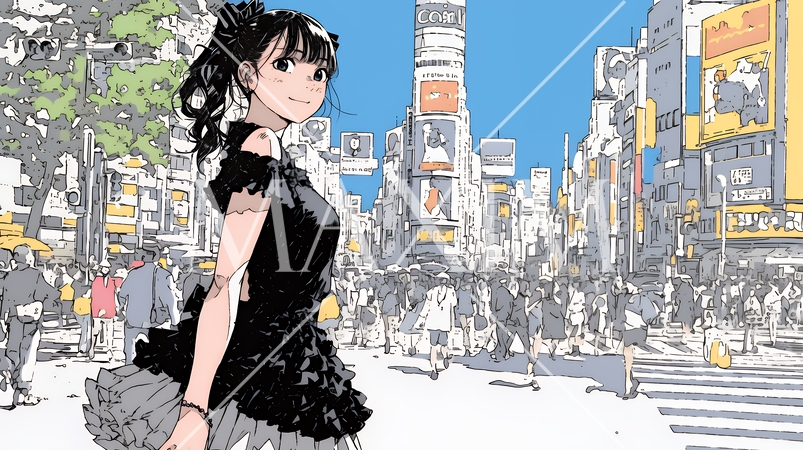 ハロウィン：ゴシックロリータファッションで町を歩く若い女性