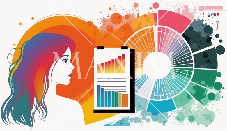 資料作成している女性：レポート、プレゼンテーション資料の作成。