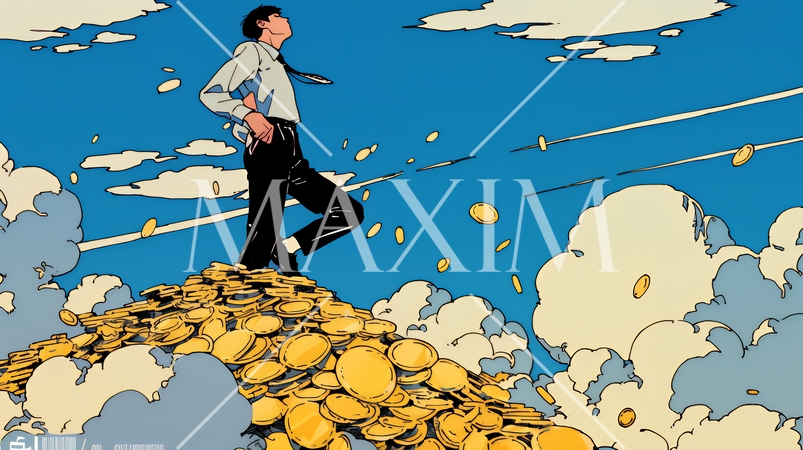 マネーゲームの勝者：金貨の山の登頂に挑み成功した姿で表現