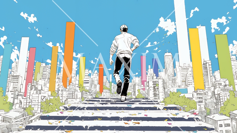 棒グラフの都会の町並みを駆け抜けるビジネスパーソン