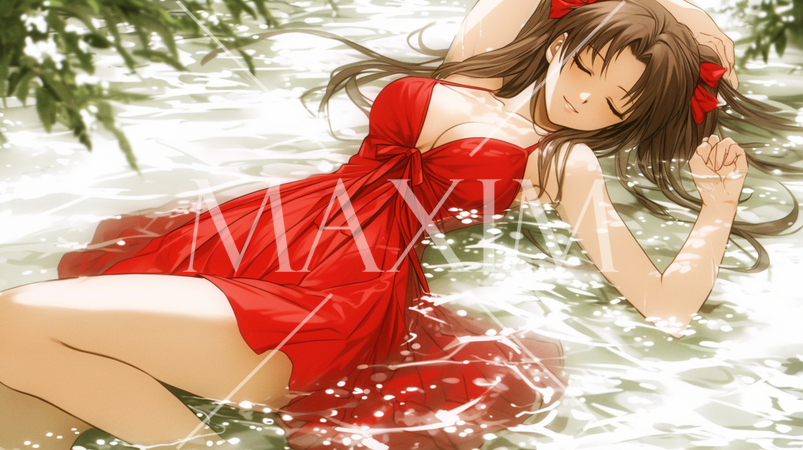 夏の小川に寝そべり男性を誘っている若い女性