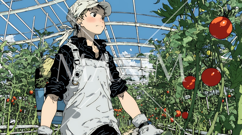 ビニールハウスでトマトの収穫をする農家の人