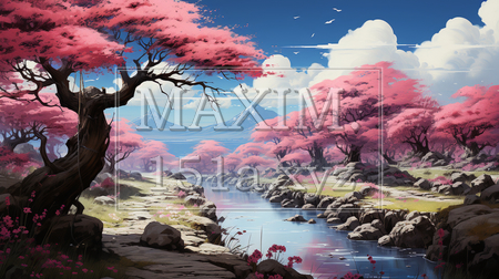 桃源郷：桃・梅・桜の花が咲き乱れる里（イラストID:9643995-20017）