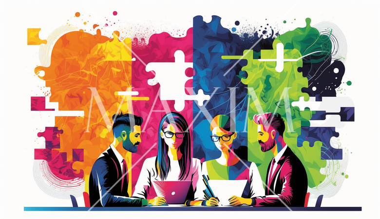 チームワーク：チームが協力してビジネスのプロジェクトに取り組む場面。