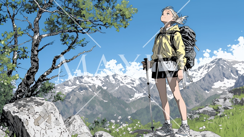 ソロハイキング（ソロ登山）を楽しんでいる若い女性