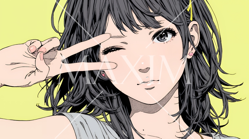 アイドルのように顔の横でピース＋ウィンクしている若い女性