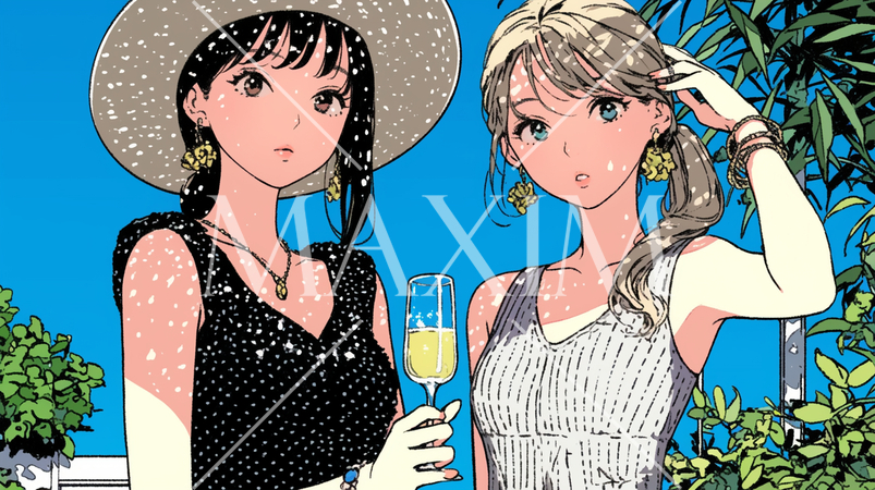 ランチ女子会：気の合う女友達が集まり、酒を交わし、おいしい食事をしながら、仕事の話や恋バナをしている