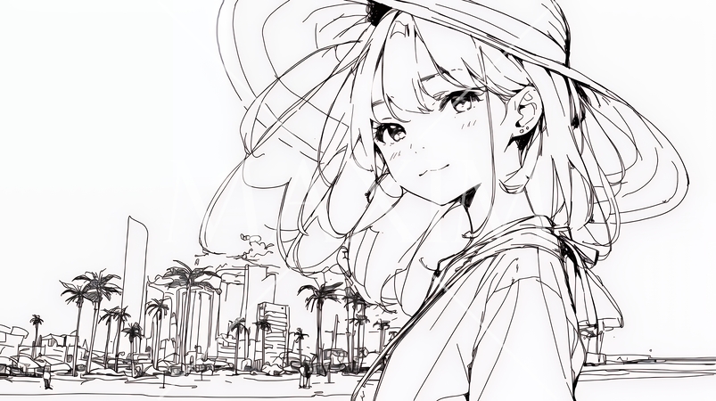 一人旅の若い女性と夏のビーチの風景（シンプルな色使い）