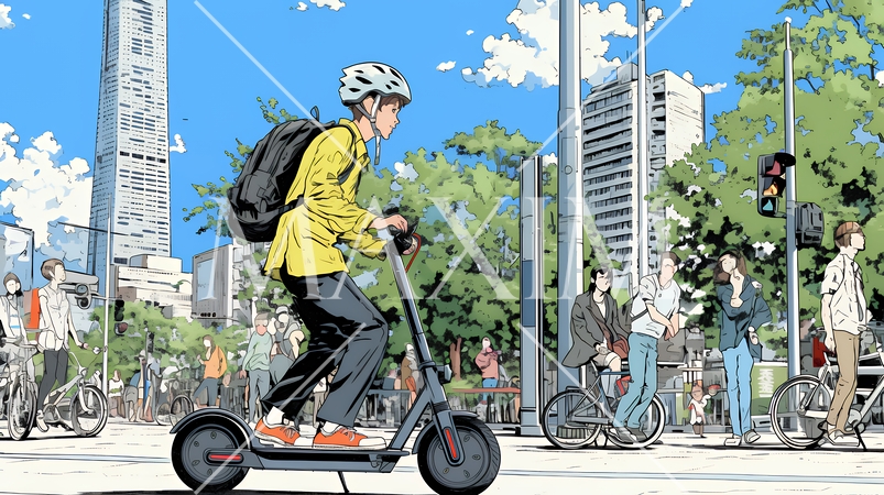 特定小型原付で都会を移動するビジネスパーソン