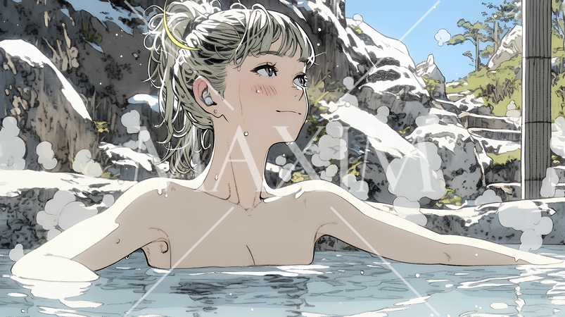 露天風呂に浸かっている若い女性