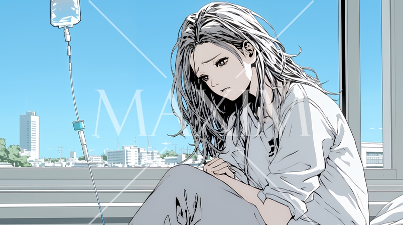 病院のベッドに腰掛けて気落ちしている女性