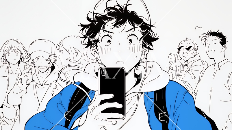 スマホの画面を見て驚いている若い男性（シンプルな色使い）