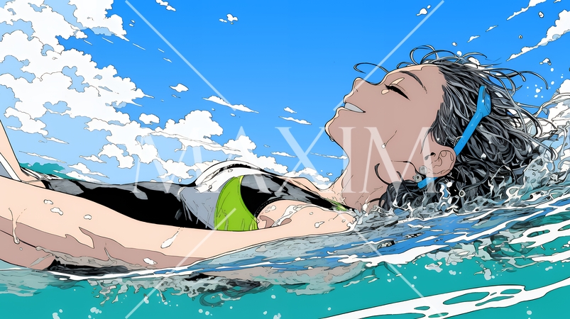 海で泳いでいる若い女性