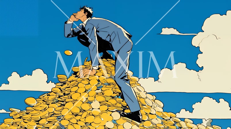 マネーゲームの勝者：金貨の山の登頂に挑み成功した姿で表現