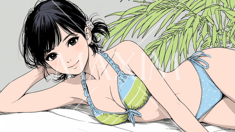 南国の海岸にビキニ姿でいる若い女性