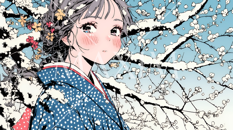 満開の梅の花と和服姿の若い女性