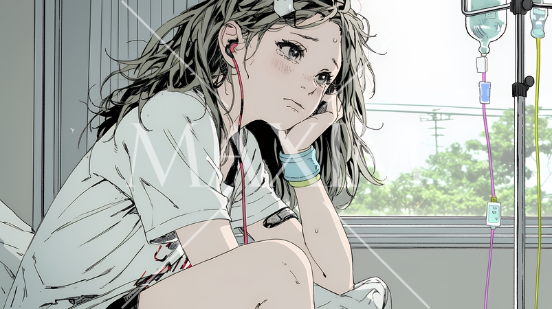 病院のベッドに腰掛けて気落ちしている女性