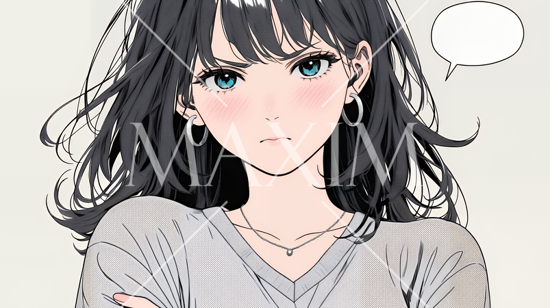 頬を膨らませ、腕を組んでイライラしている女性