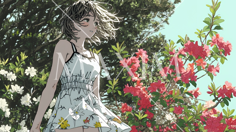 満開のツツジの花と若い女性